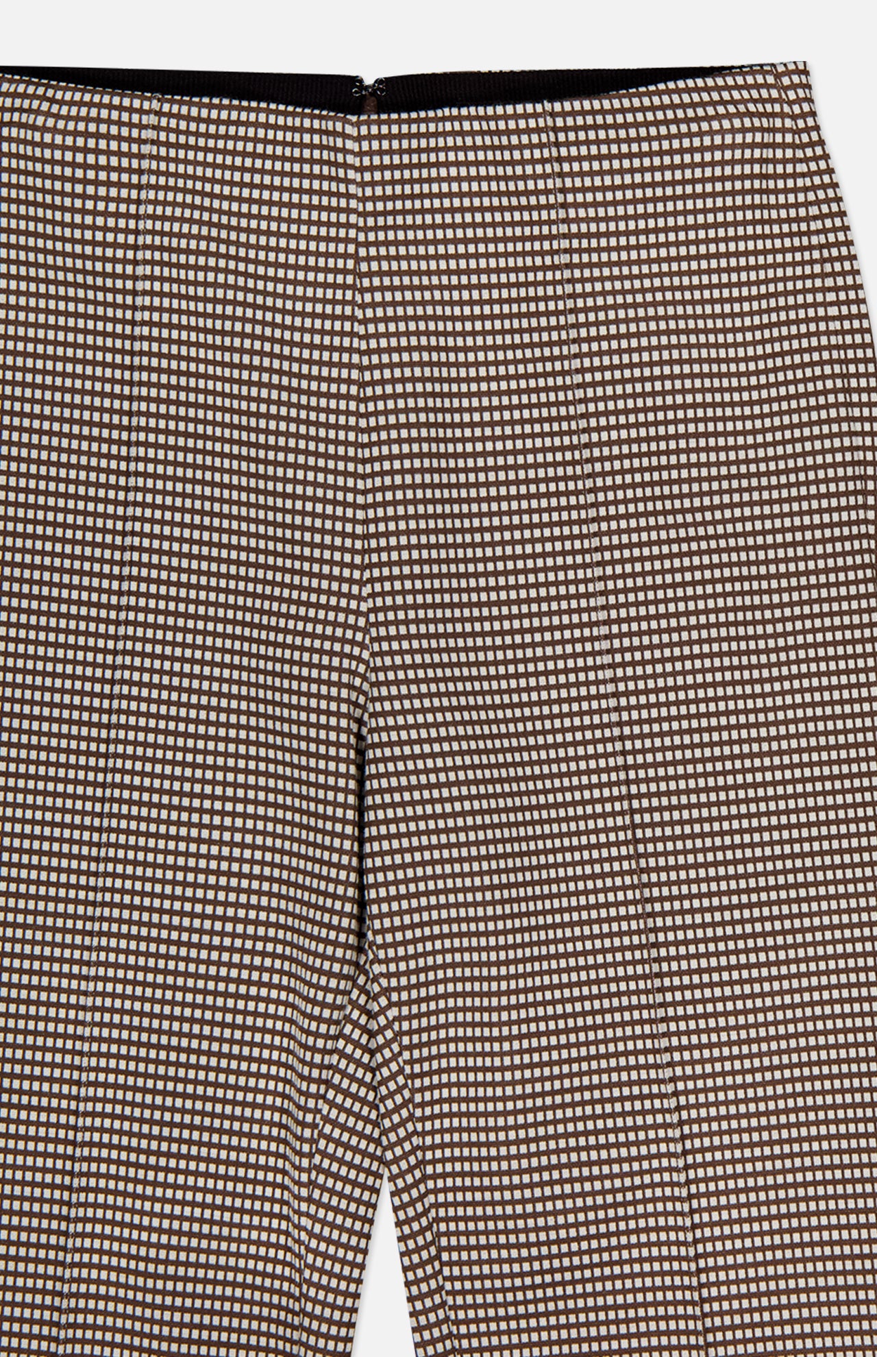 The RAG & BONE Irina Printed Kick Flare Pant features a small brown and white micro check in ponte fabric, shown from waist to upper thigh with a visible top zipper.