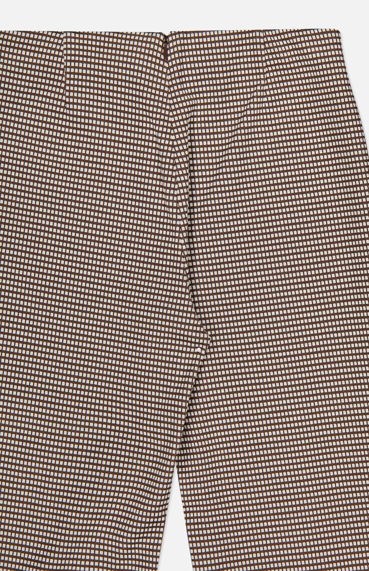 Close-up of the Irina Printed Kick Flare Pant by RAG & BONE, showing the waistband and upper leg with a detailed brown and white micro check print.