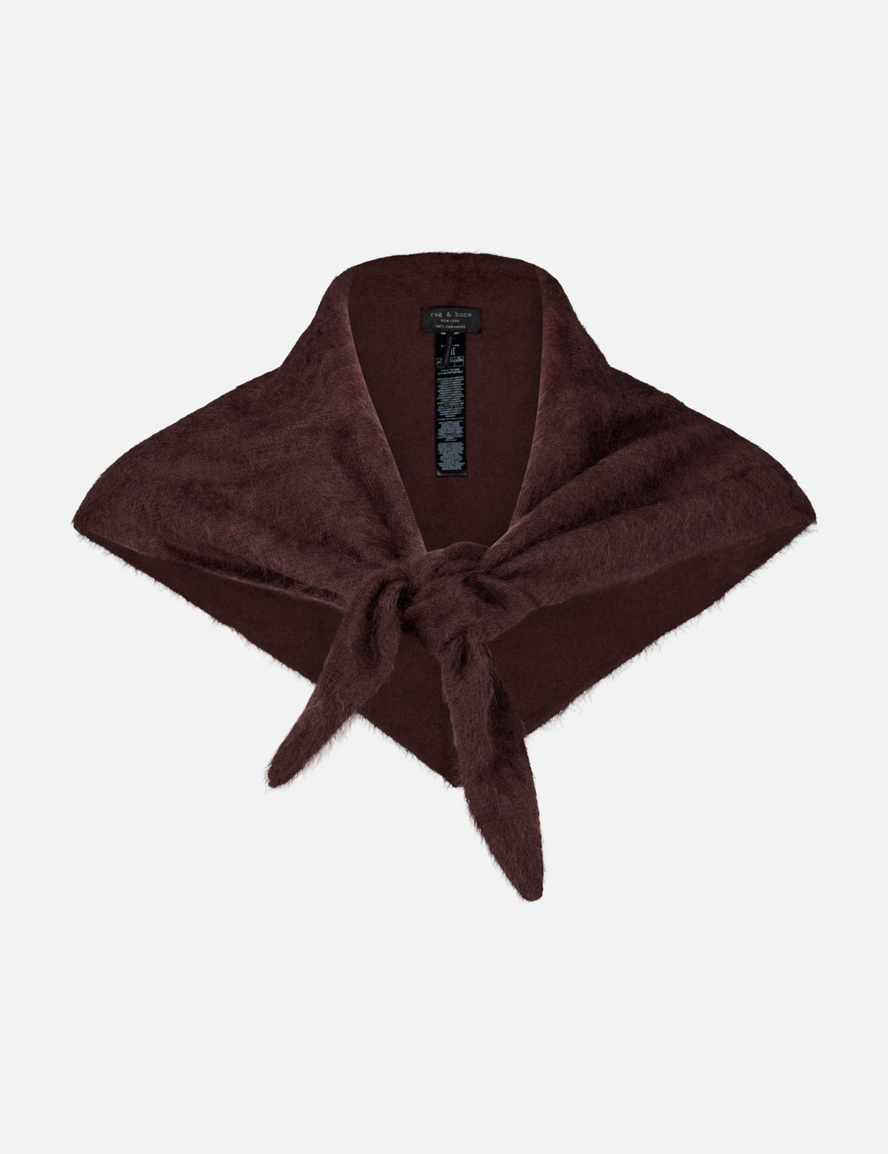 A dark burgundy, fuzzy Jada Brushed Cashmere Bandana Scarf by Rag & Bone, tied in a simple knot at the center.