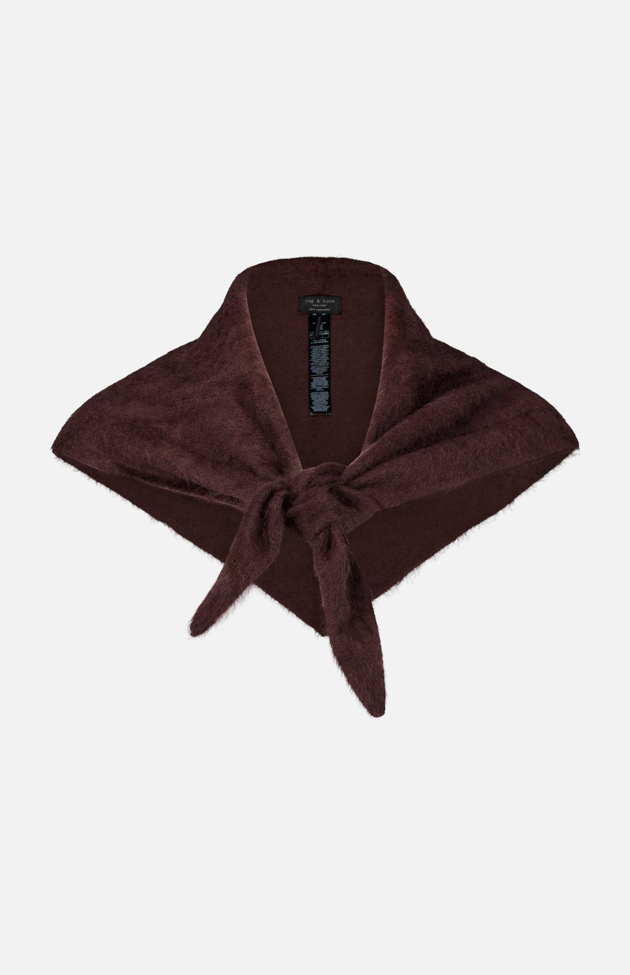A dark burgundy, fuzzy Jada Brushed Cashmere Bandana Scarf by Rag & Bone, tied in a simple knot at the center.