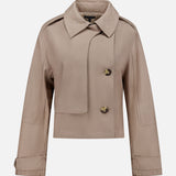 The Jamie Cropped Trench Coat by RAG & BONE is a light brown, long-sleeve jacket with a wide collar, two front buttons, and a relaxed fit. Its minimalist design and structured silhouette make it an ideal spring outerwear choice.