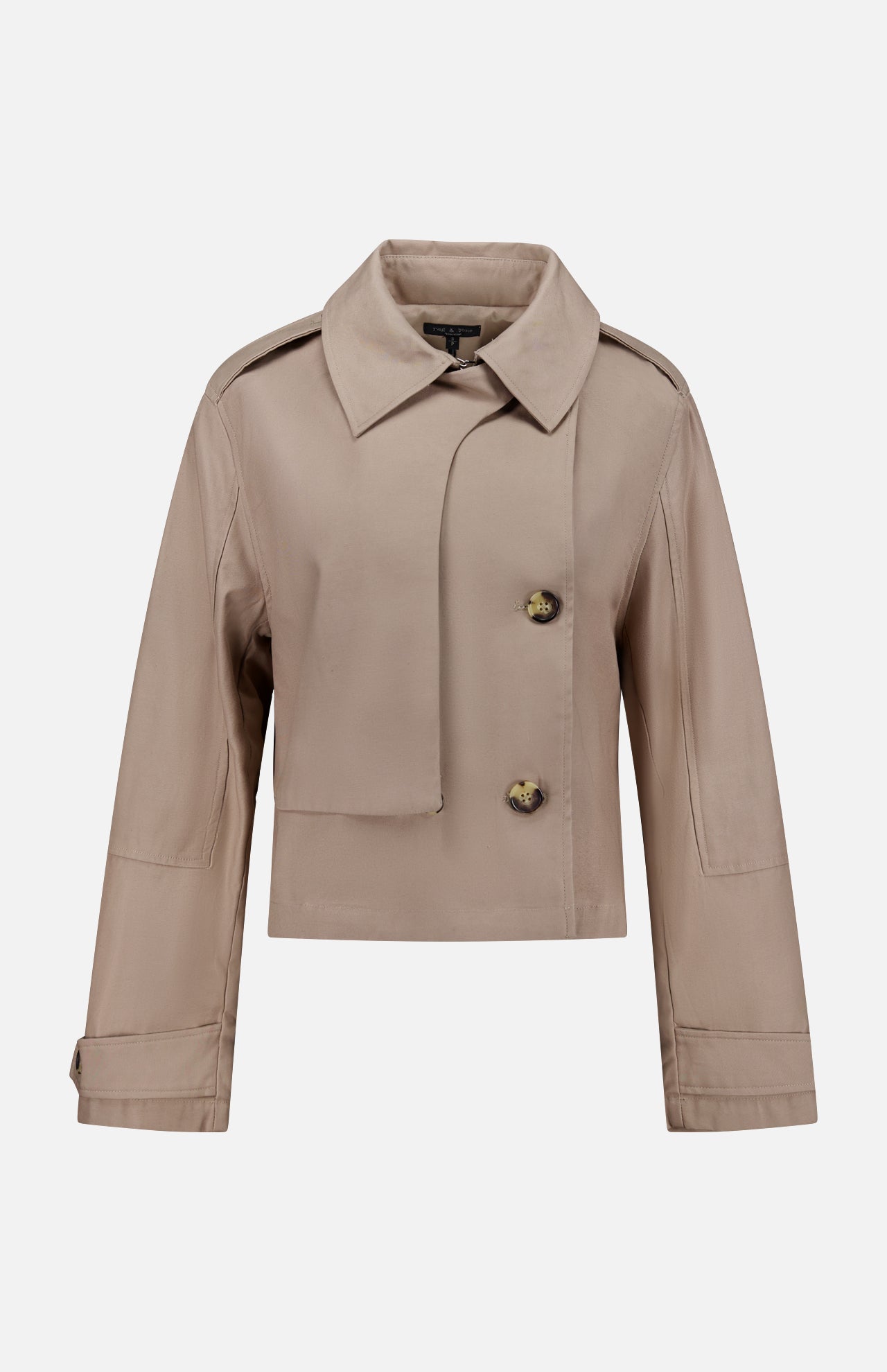 The Jamie Cropped Trench Coat by RAG & BONE is a light brown, long-sleeve jacket with a wide collar, two front buttons, and a relaxed fit. Its minimalist design and structured silhouette make it an ideal spring outerwear choice.