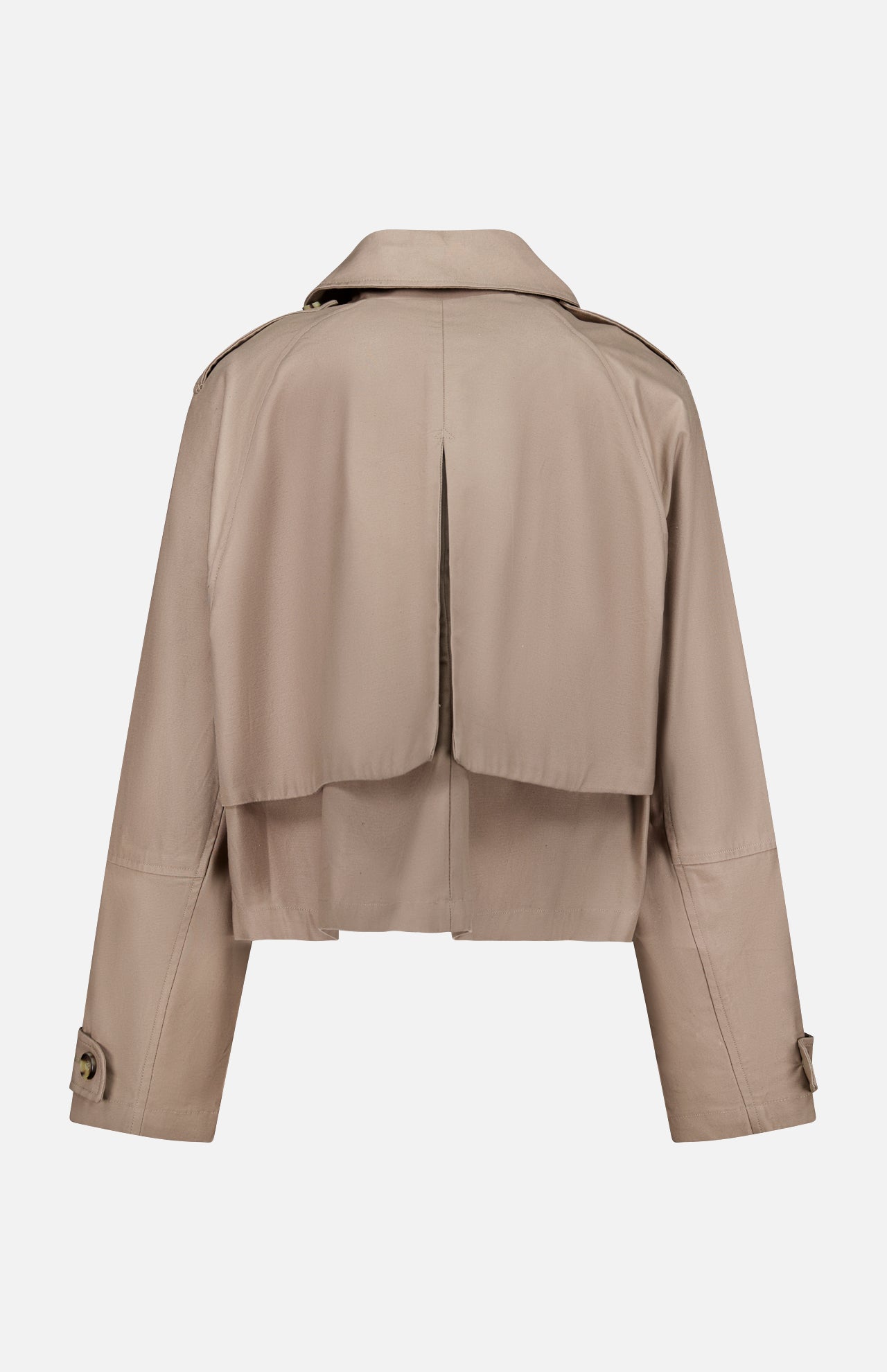 Back view of the Jamie Cropped Trench Coat by RAG & BONE featuring a storm flap, buttoned cuffs, and a center box pleat—an updated take on the classic trench, perfect as a spring jacket.