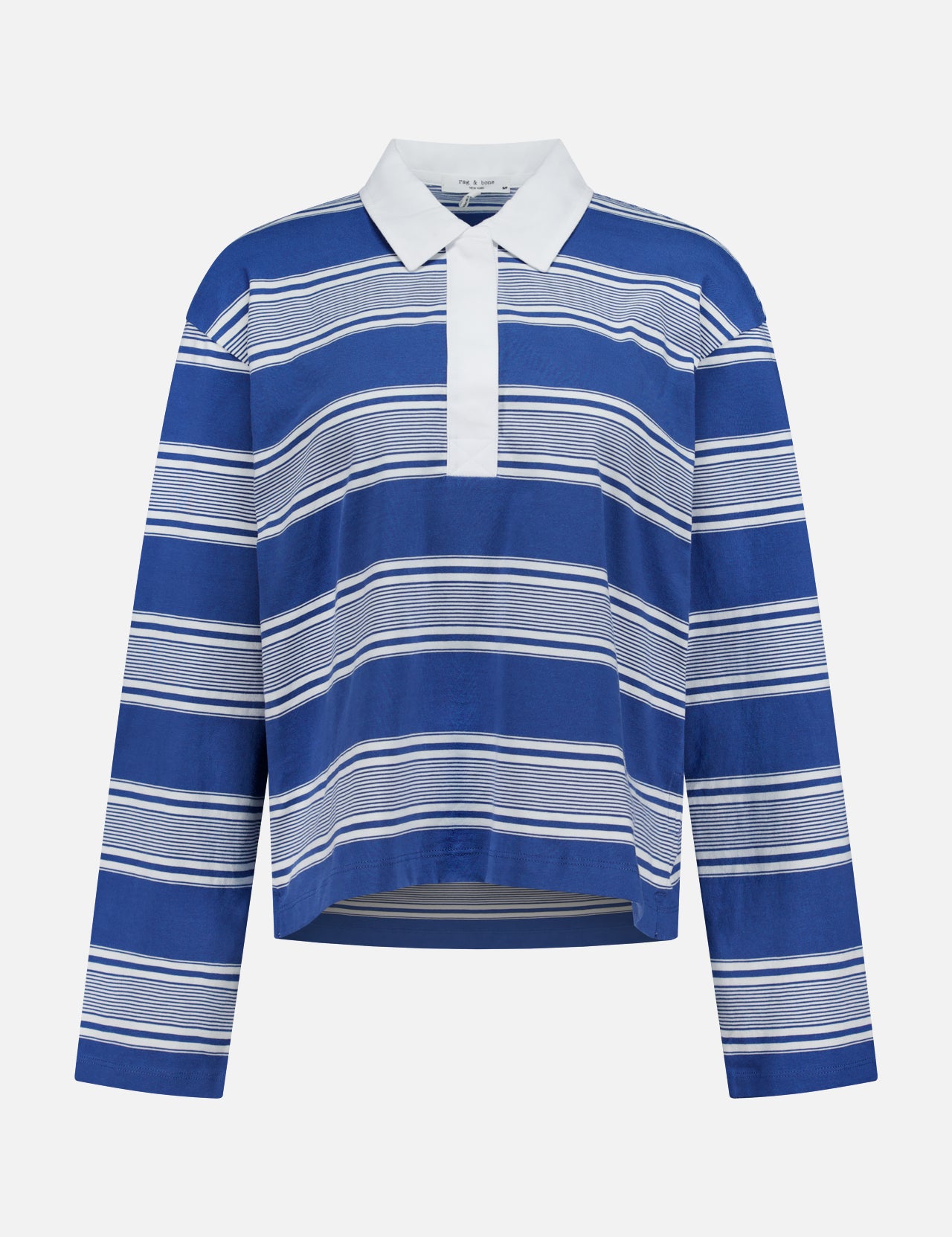 The Kelly Stripe Long Sleeve Polo Shirt by RAG & BONE features horizontal blue, white, and light blue stripes, a white collar, buttoned placket, and is crafted from soft Peruvian cotton for a relaxed, slightly cropped fit.