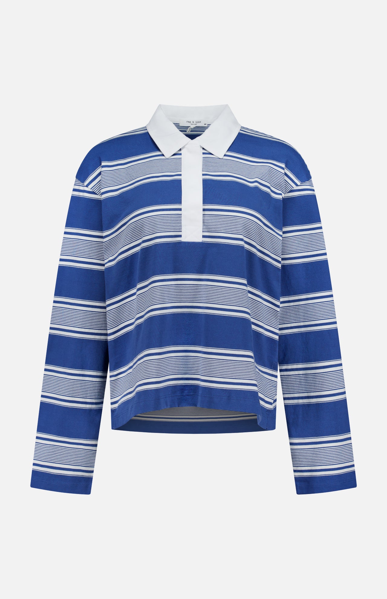 The Kelly Stripe Long Sleeve Polo Shirt by RAG & BONE features horizontal blue, white, and light blue stripes, a white collar, buttoned placket, and is crafted from soft Peruvian cotton for a relaxed, slightly cropped fit.