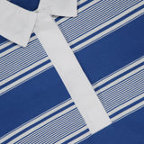 Close-up of the RAG & BONE Kelly Stripe Long Sleeve Polo Shirt, featuring blue and white horizontal stripes, a white collar, button placket, and visible neck label.