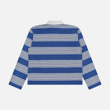 The RAG & BONE Kelly Stripe Long Sleeve Polo Shirt, crafted from soft Peruvian cotton, features blue, white, and gray horizontal stripes with a crisp white collar. It is shown from the back against a plain light gray background.
