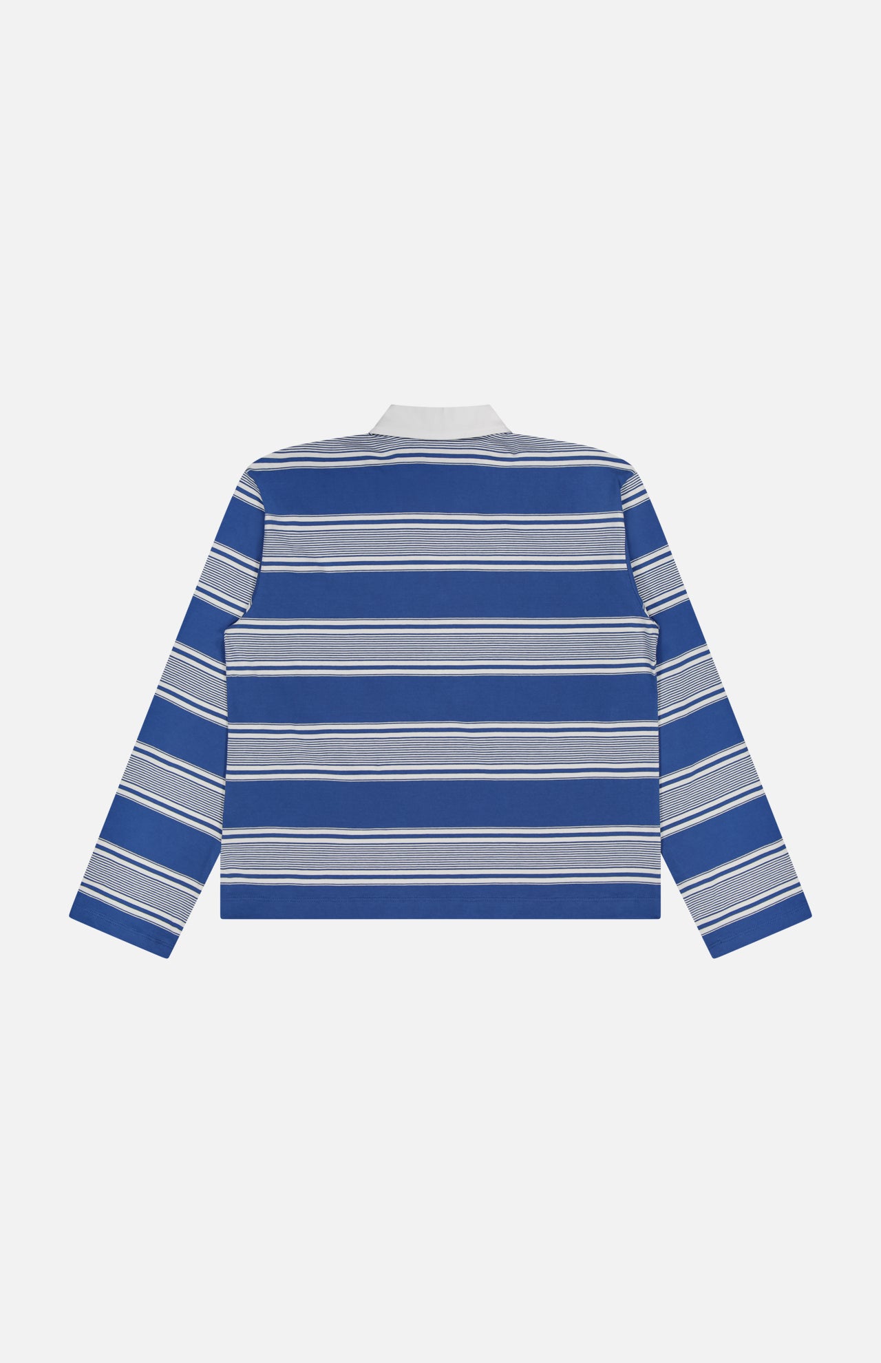 The RAG & BONE Kelly Stripe Long Sleeve Polo Shirt, crafted from soft Peruvian cotton, features blue, white, and gray horizontal stripes with a crisp white collar. It is shown from the back against a plain light gray background.