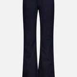 The Kinsley Low Rise Full Bootcut Jean in Dark Rinse by RAG & BONE is crafted from vintage stretch denim in a dark blue wash, showcasing a classic five-pocket design, gold button closure, and visible stitching, and is displayed against a plain white background.