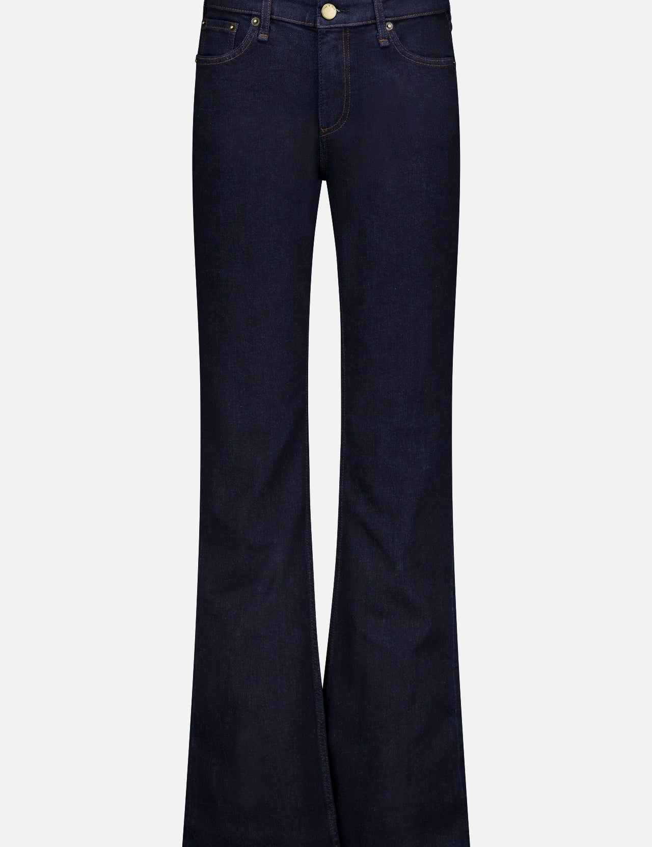The Kinsley Low Rise Full Bootcut Jean in Dark Rinse by RAG & BONE is crafted from vintage stretch denim in a dark blue wash, showcasing a classic five-pocket design, gold button closure, and visible stitching, and is displayed against a plain white background.