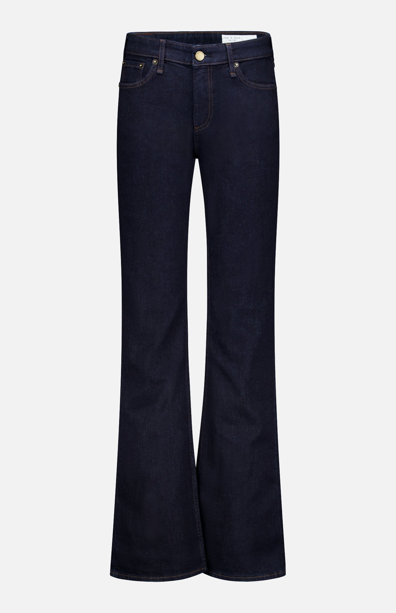 The Kinsley Low Rise Full Bootcut Jean in Dark Rinse by RAG & BONE is crafted from vintage stretch denim in a dark blue wash, showcasing a classic five-pocket design, gold button closure, and visible stitching, and is displayed against a plain white background.