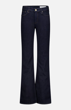 The Kinsley Low Rise Full Bootcut Jean in Dark Rinse by RAG & BONE is crafted from vintage stretch denim in a dark blue wash, showcasing a classic five-pocket design, gold button closure, and visible stitching, and is displayed against a plain white background.