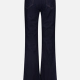 Back view of the RAG & BONE Kinsley Low Rise Full Bootcut Jean in Dark Rinse, crafted from vintage stretch denim, featuring two rear pockets, a brown waistband patch, wide flared legs, and contrast stitching.