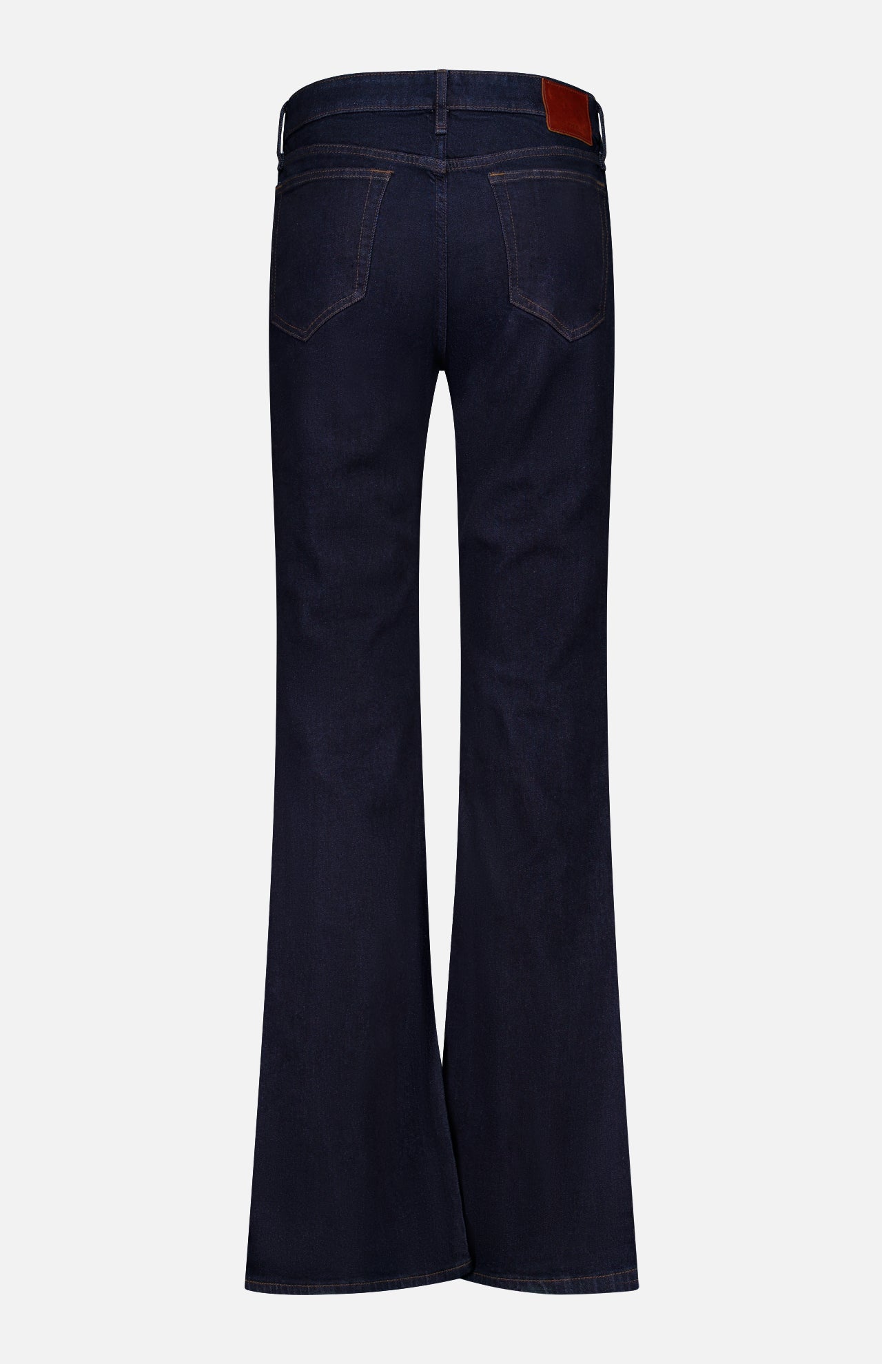 Back view of the RAG & BONE Kinsley Low Rise Full Bootcut Jean in Dark Rinse, crafted from vintage stretch denim, featuring two rear pockets, a brown waistband patch, wide flared legs, and contrast stitching.
