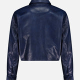 The Krista Faux Leather Jacket by RAG & BONE is a navy blue, cropped design featuring long sleeves, buttoned cuffs, and a classic collar, displayed from the back against a plain white background.