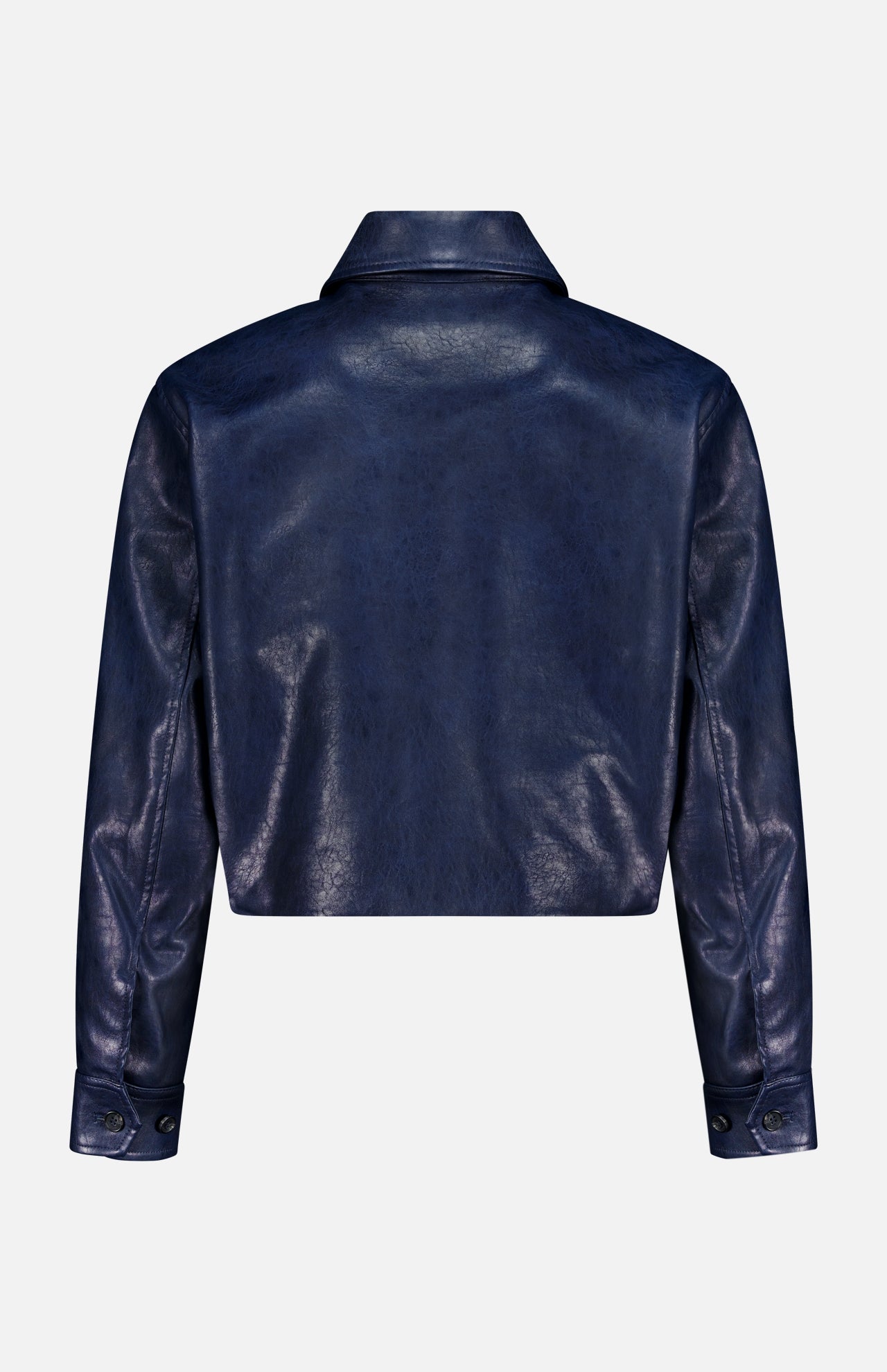 The Krista Faux Leather Jacket by RAG & BONE is a navy blue, cropped design featuring long sleeves, buttoned cuffs, and a classic collar, displayed from the back against a plain white background.