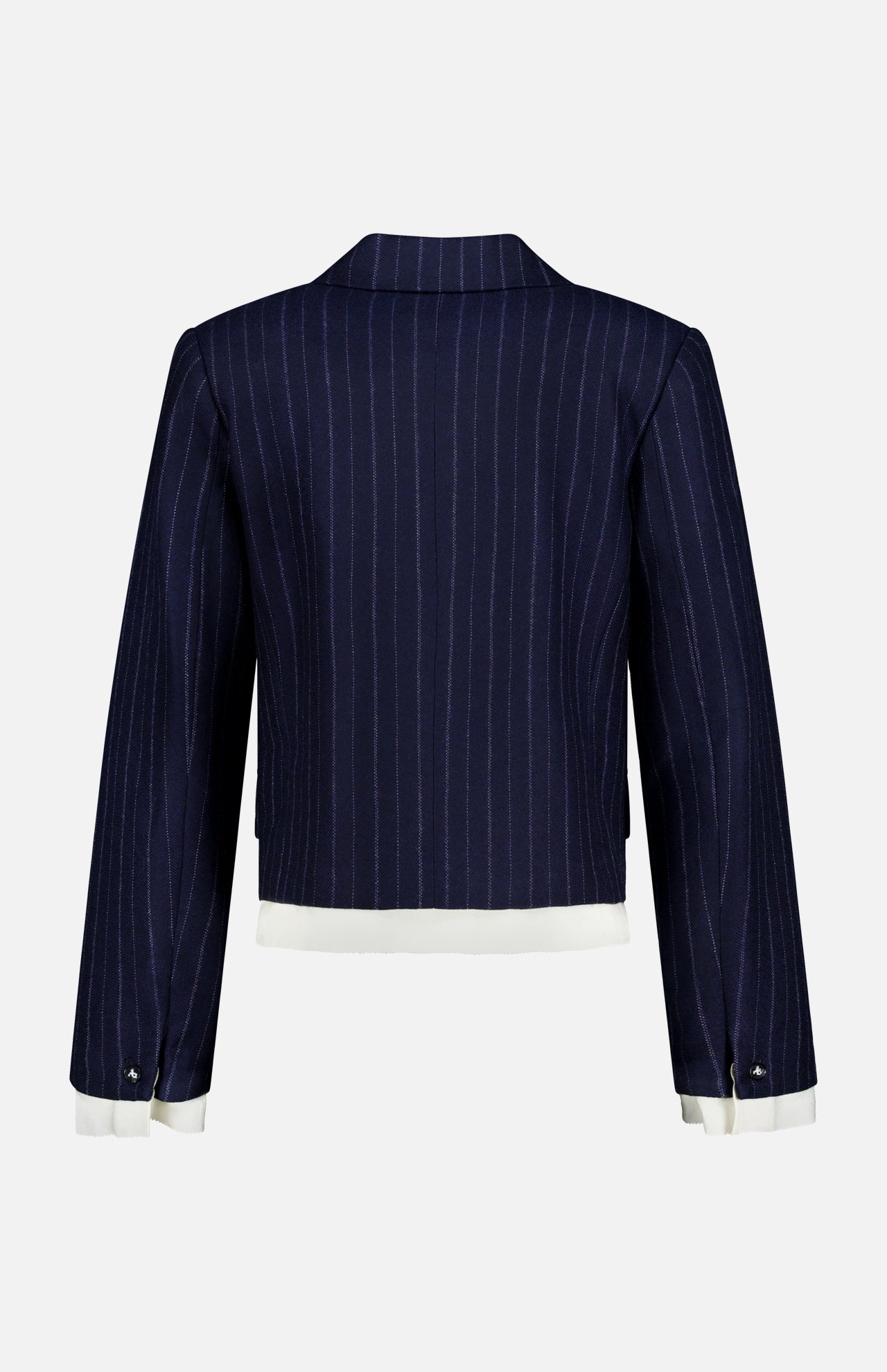 The Lawrence Striped Crop Blazer by RAG & BONE features navy pinstripes, white cuffs and hem, long sleeves, a notched collar, and modern womens suiting details. Shown from the back against a plain white background.