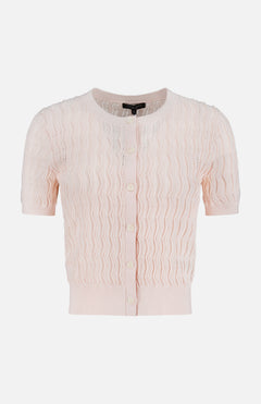 The RAG & BONE Leslie Short Sleeve Cardigan is a light pink, delicate knit featuring a zigzag lace pattern, short sleeves, button-front closure, and ribbed trim, shown on a plain white background.