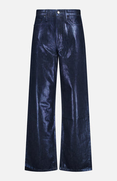Logan Shiny Wide Leg Pant in Dark Rinse Foil, featuring dark blue wide-leg jeans with a metallic finish.