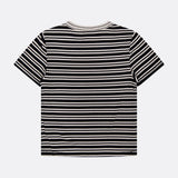 The Luca Stripe Contrast T-shirt by RAG & BONE features black and white stripes, short sleeves, and silky-soft fabric, shown laid flat with the back side facing up against a plain light background.