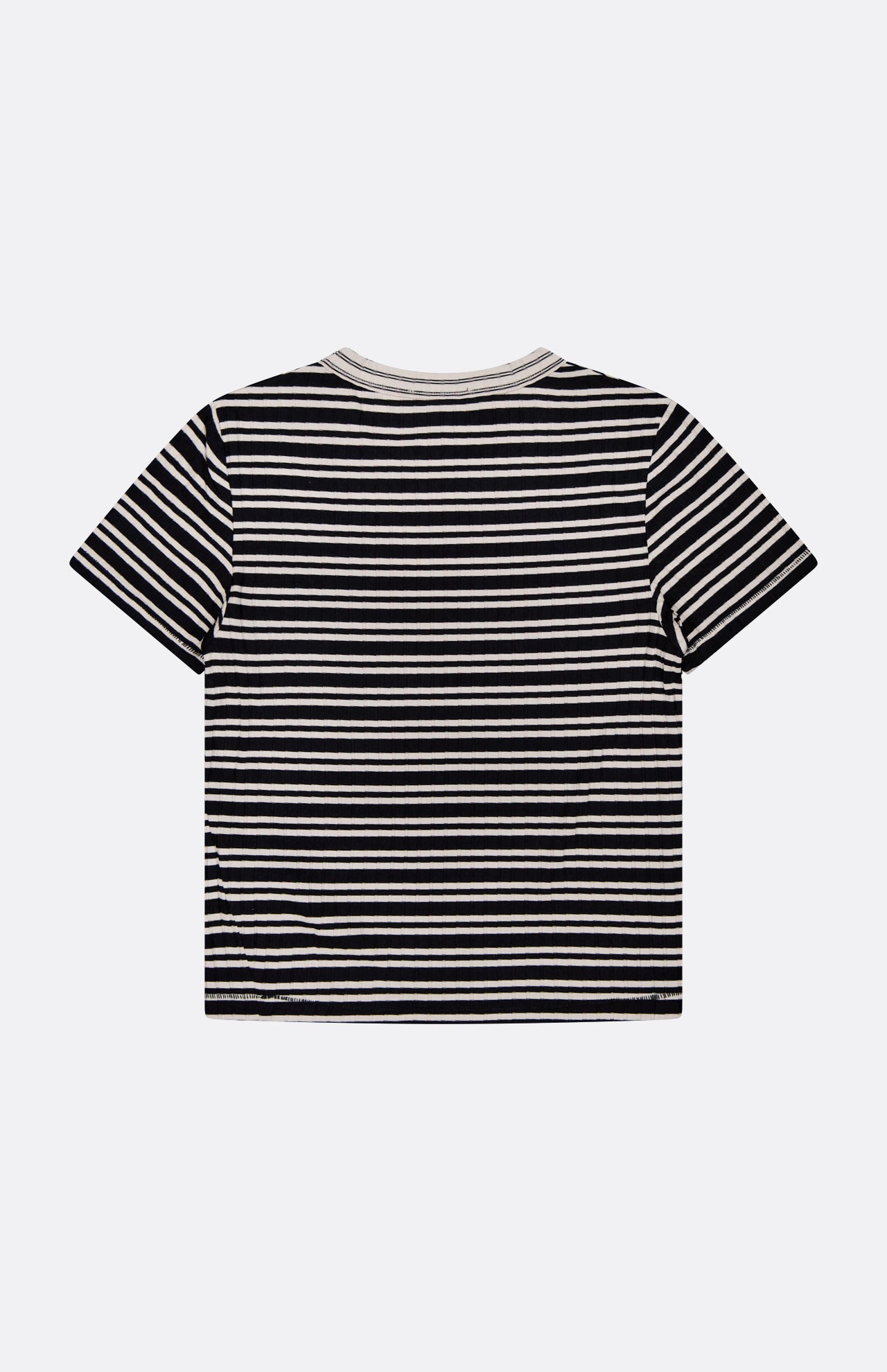 The Luca Stripe Contrast T-shirt by RAG & BONE features black and white stripes, short sleeves, and silky-soft fabric, shown laid flat with the back side facing up against a plain light background.