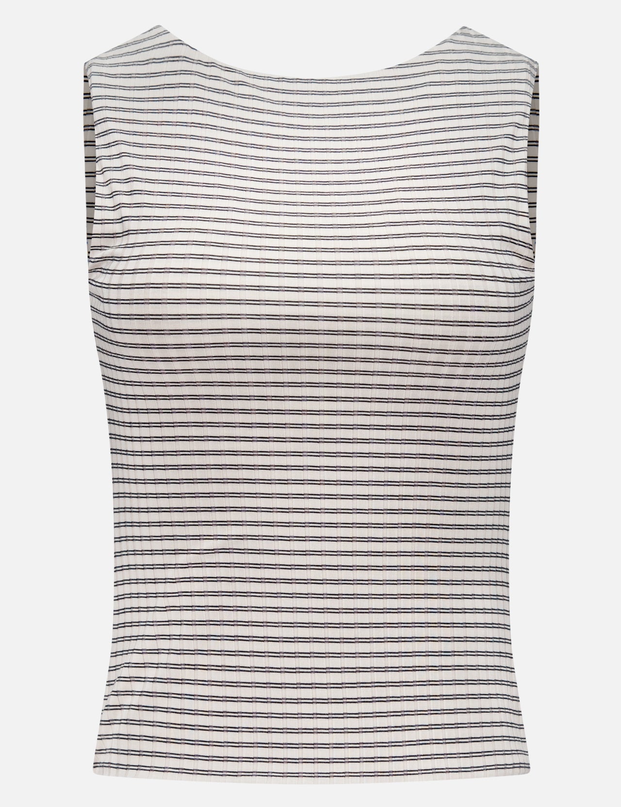 The RAG & BONE Luca Stripe Rib Open Back T-shirt is a sleeveless, fitted top with a high neckline and thin horizontal black and white stripes on a light background, shown against a plain white backdrop.