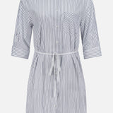 The RAG & BONE Lucia Stripe Mini Dress is a knee-length, white cotton poplin shirtdress with blue vertical stripes, chest pocket, button-down front, collar, half sleeves, and a drawstring waist for adjustable fit.