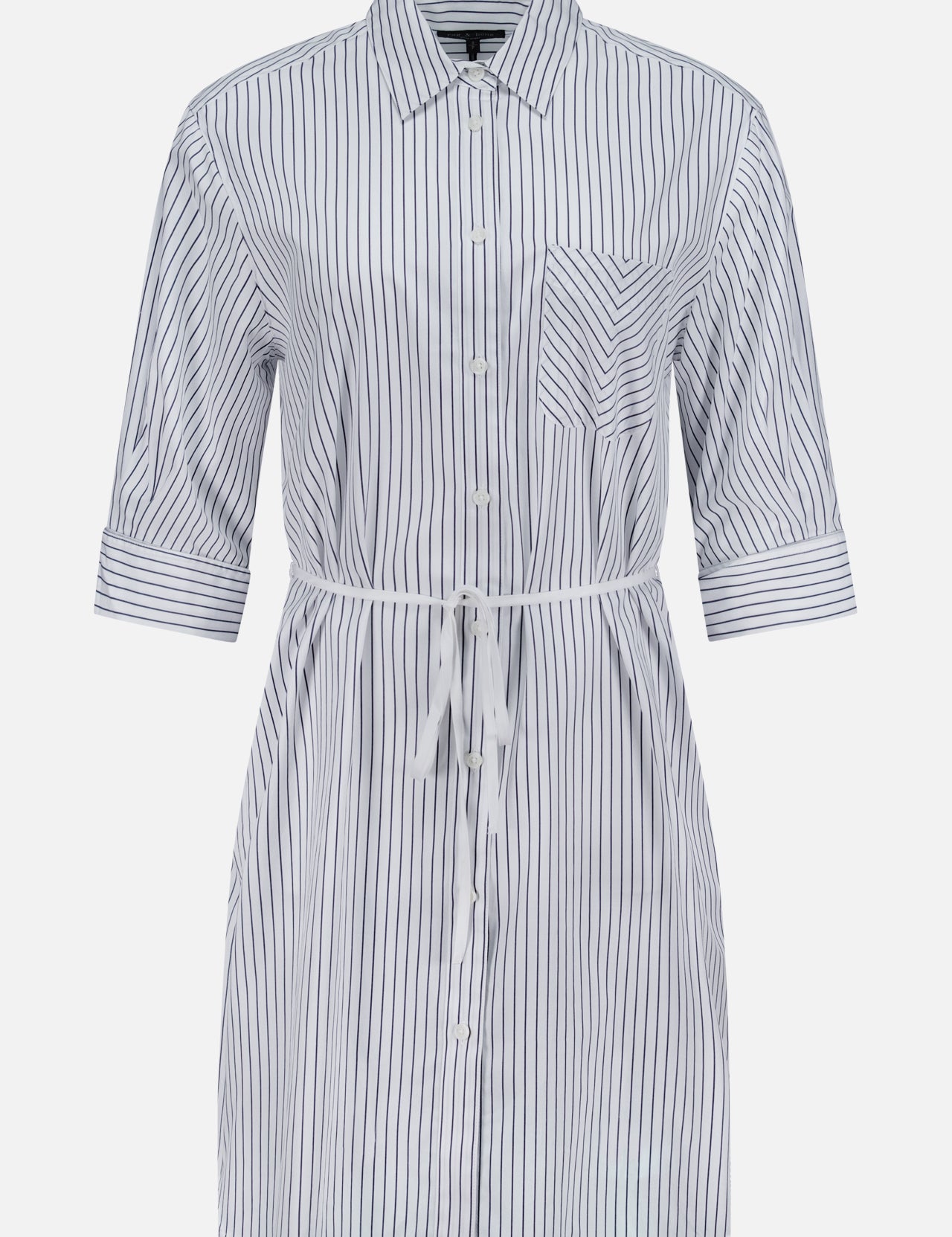 The RAG & BONE Lucia Stripe Mini Dress is a knee-length, white cotton poplin shirtdress with blue vertical stripes, chest pocket, button-down front, collar, half sleeves, and a drawstring waist for adjustable fit.