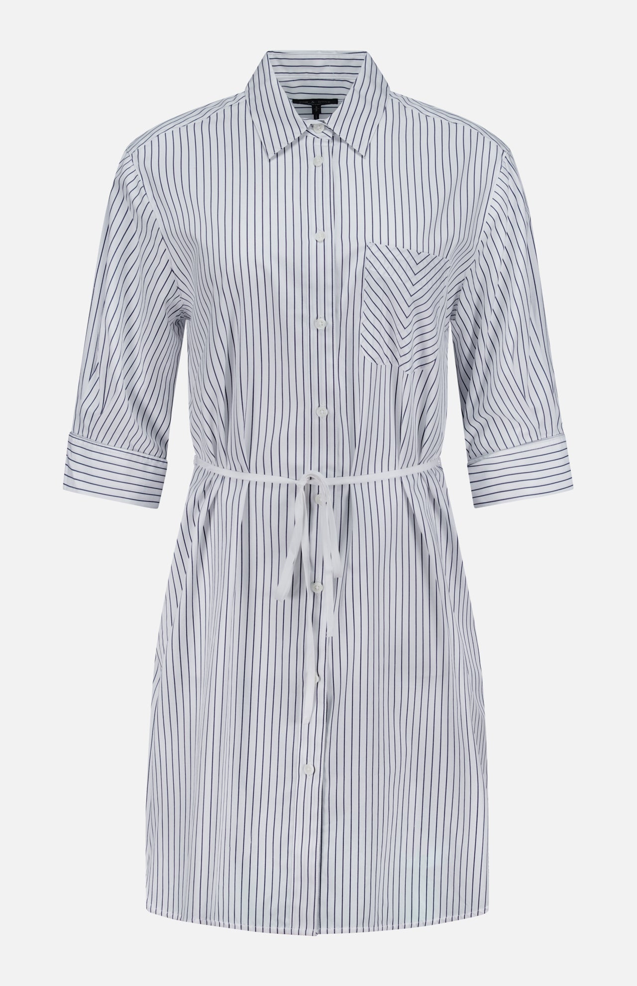 The RAG & BONE Lucia Stripe Mini Dress is a knee-length, white cotton poplin shirtdress with blue vertical stripes, chest pocket, button-down front, collar, half sleeves, and a drawstring waist for adjustable fit.