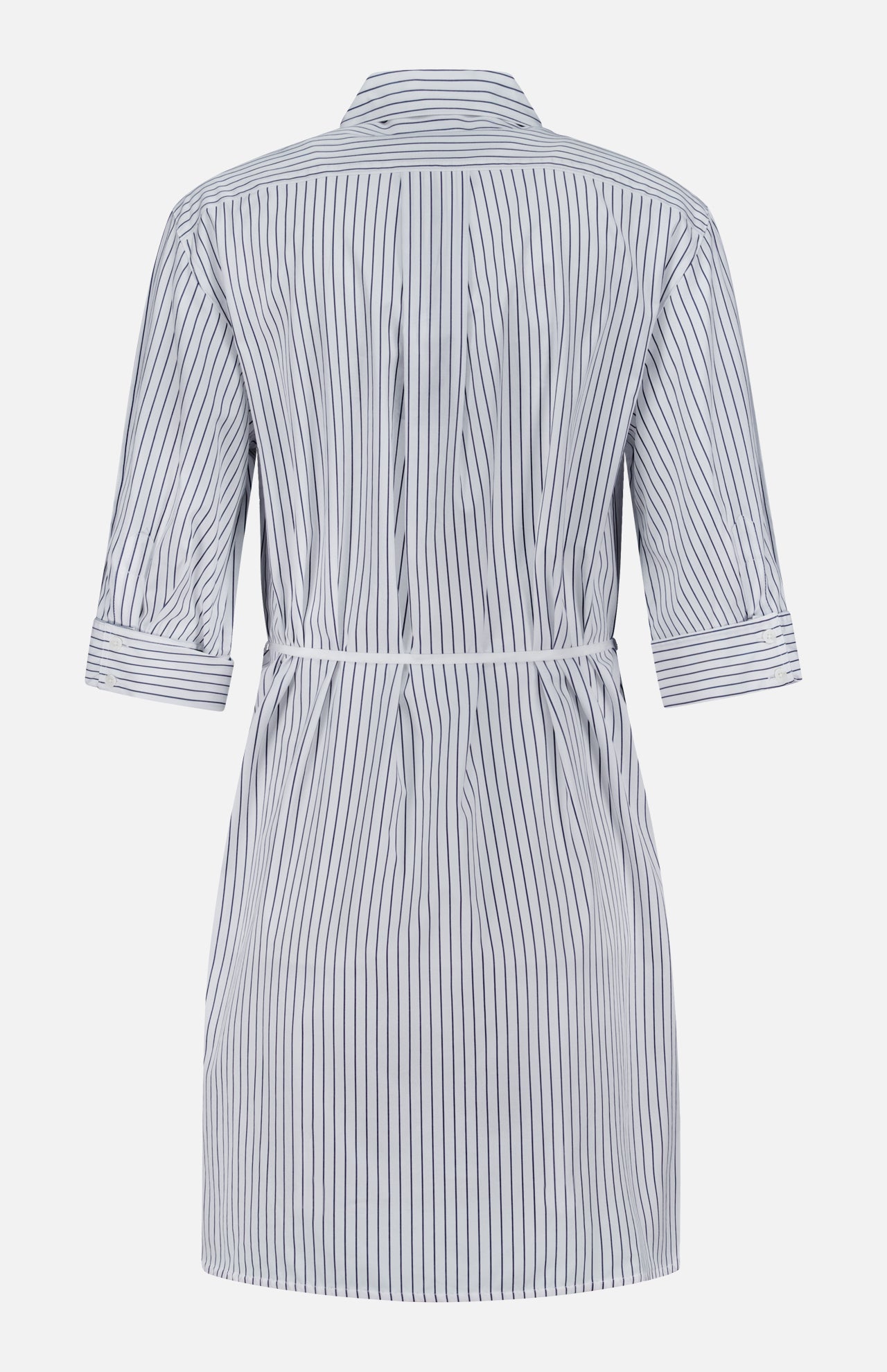 The Lucia Stripe Mini Dress by RAG & BONE features blue and white vertical stripes, a knee-length cut, long sleeves, a collar, and a waist tie; shown from the back.