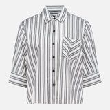 The Lucia Stripe Poplin Shirt by RAG & BONE features vertical black and white stripes, a pointed collar, cropped half sleeves, and a chest pocket with horizontal and diagonal stripes.