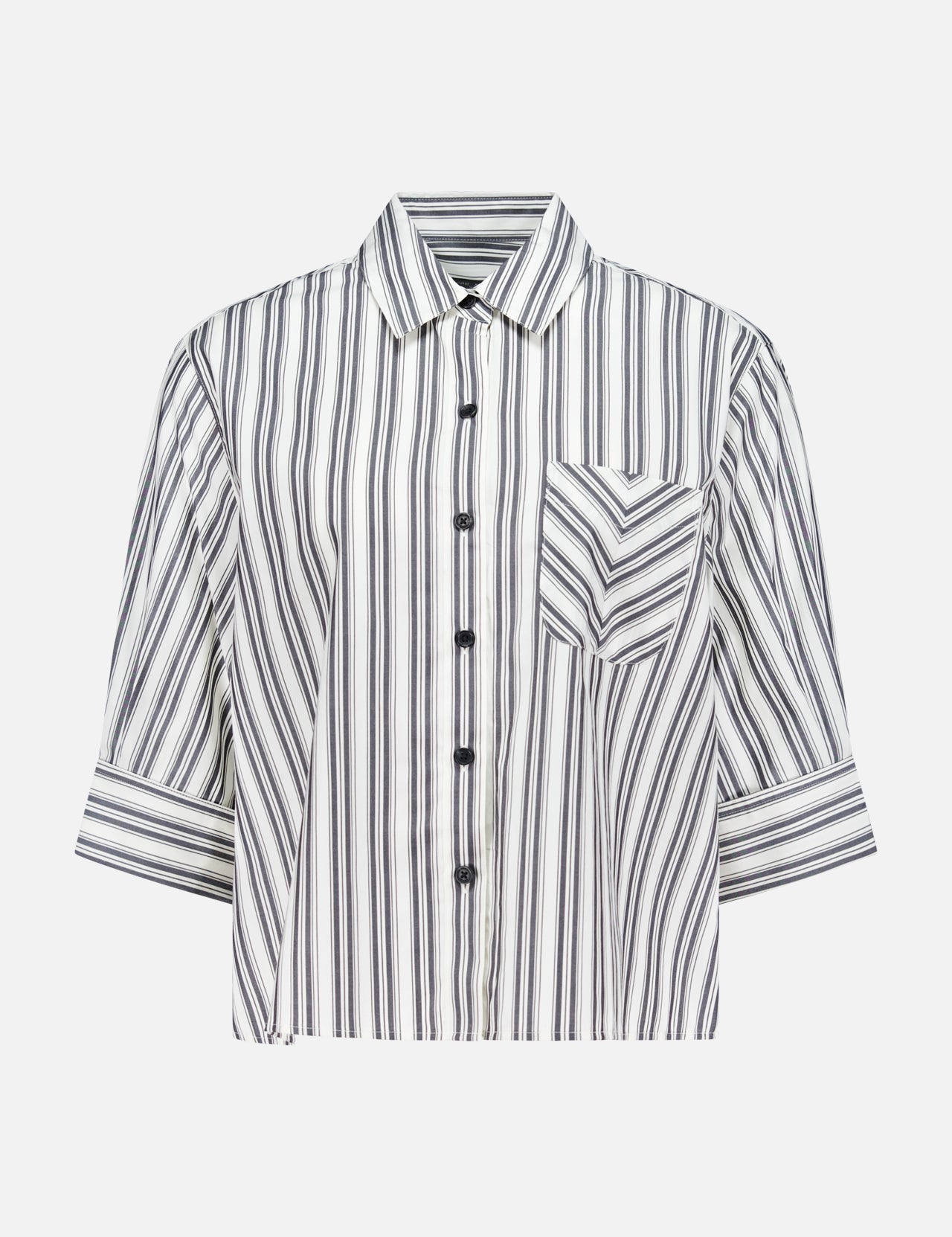 The Lucia Stripe Poplin Shirt by RAG & BONE features vertical black and white stripes, a pointed collar, cropped half sleeves, and a chest pocket with horizontal and diagonal stripes.