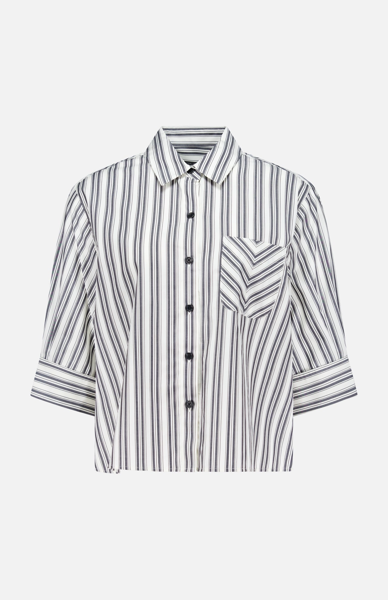 The Lucia Stripe Poplin Shirt by RAG & BONE features vertical black and white stripes, a pointed collar, cropped half sleeves, and a chest pocket with horizontal and diagonal stripes.