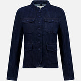 The Mercer Pocketed Denim Blazer by RAG & BONE features a dark blue wash, mandarin collar, four front flap pockets, and large matching buttons, shown against a plain white background.