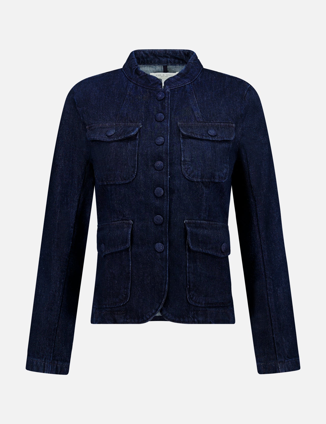 The Mercer Pocketed Denim Blazer by RAG & BONE features a dark blue wash, mandarin collar, four front flap pockets, and large matching buttons, shown against a plain white background.