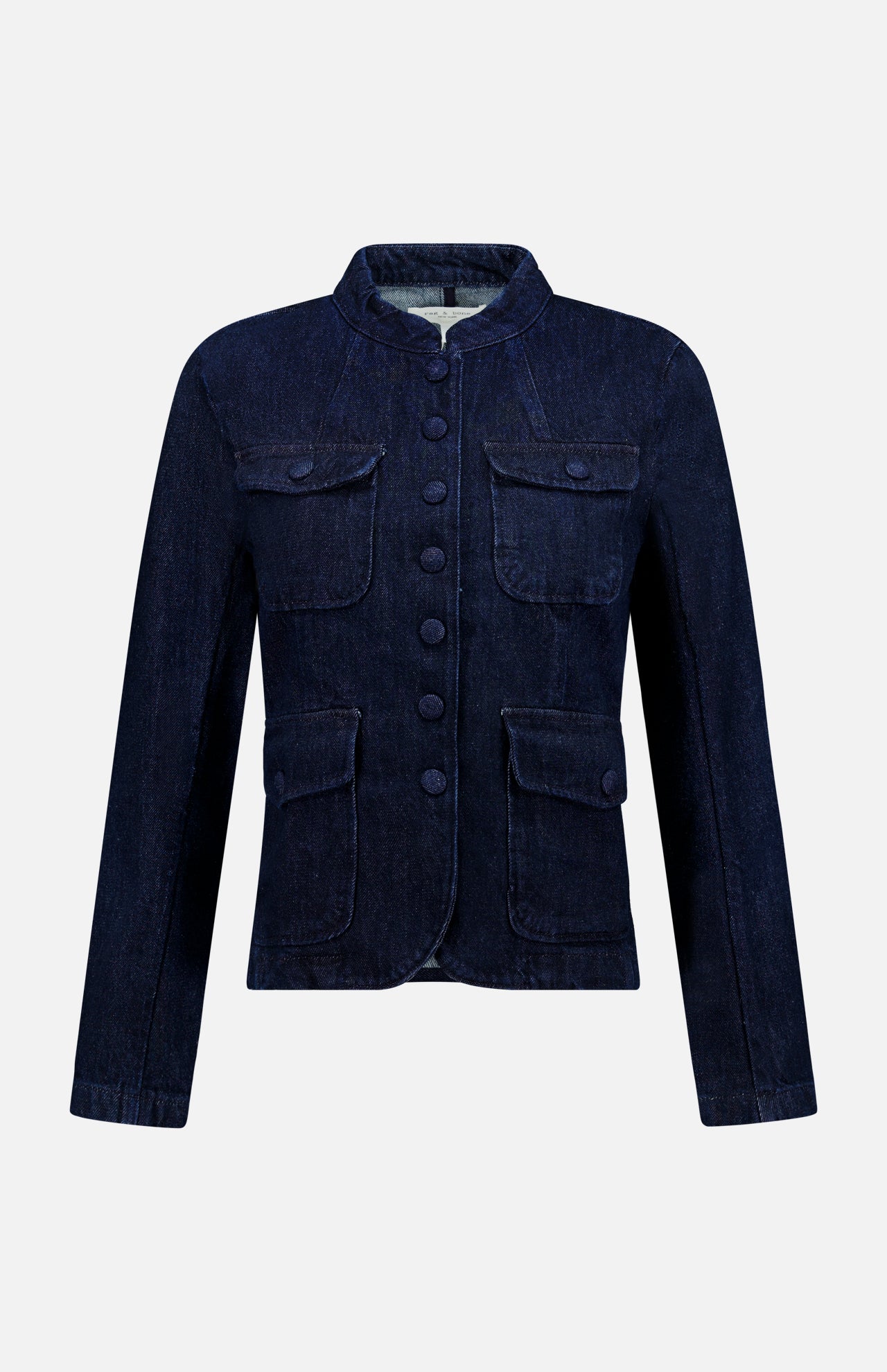 The Mercer Pocketed Denim Blazer by RAG & BONE features a dark blue wash, mandarin collar, four front flap pockets, and large matching buttons, shown against a plain white background.