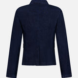 The Mercer Pocketed Denim Blazer by RAG & BONE is shown from the back in dark blue denim, featuring long sleeves, a pointed collar, a straight hem, and a central seam. This blazer showcases a clean and minimal design without visible embellishments or pockets.