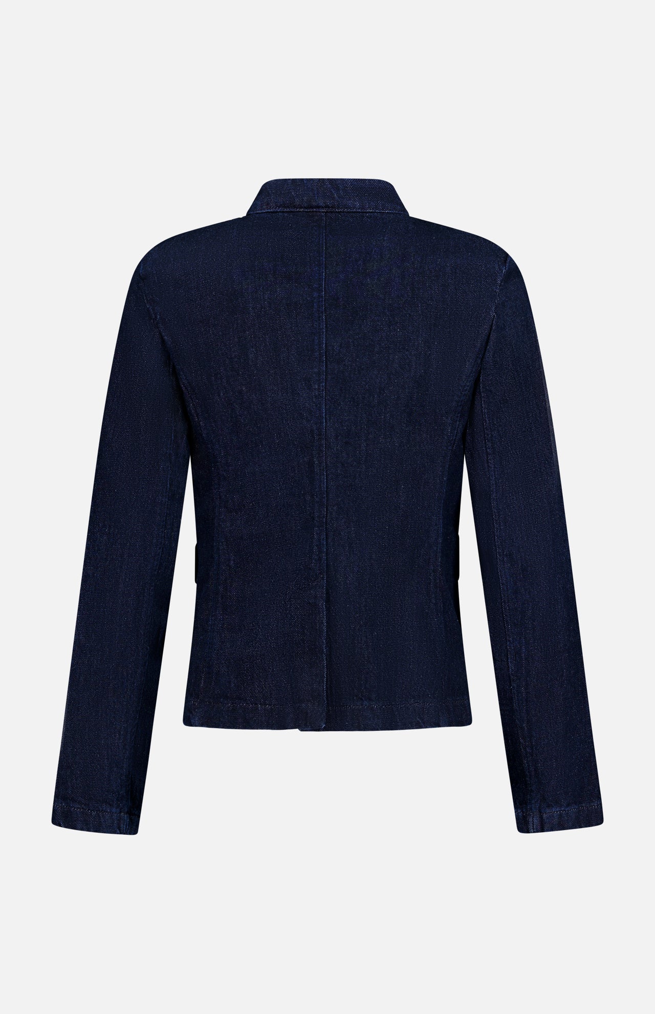 The Mercer Pocketed Denim Blazer by RAG & BONE is shown from the back in dark blue denim, featuring long sleeves, a pointed collar, a straight hem, and a central seam. This blazer showcases a clean and minimal design without visible embellishments or pockets.