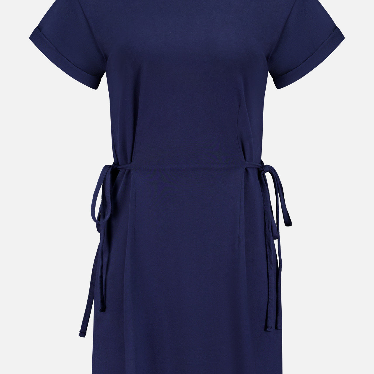 The RAG & BONE Mica Tie Tee Dress is a short-sleeved, knee-length navy cotton dress with a round neckline and adjustable side waist ties, shown on a plain white background.