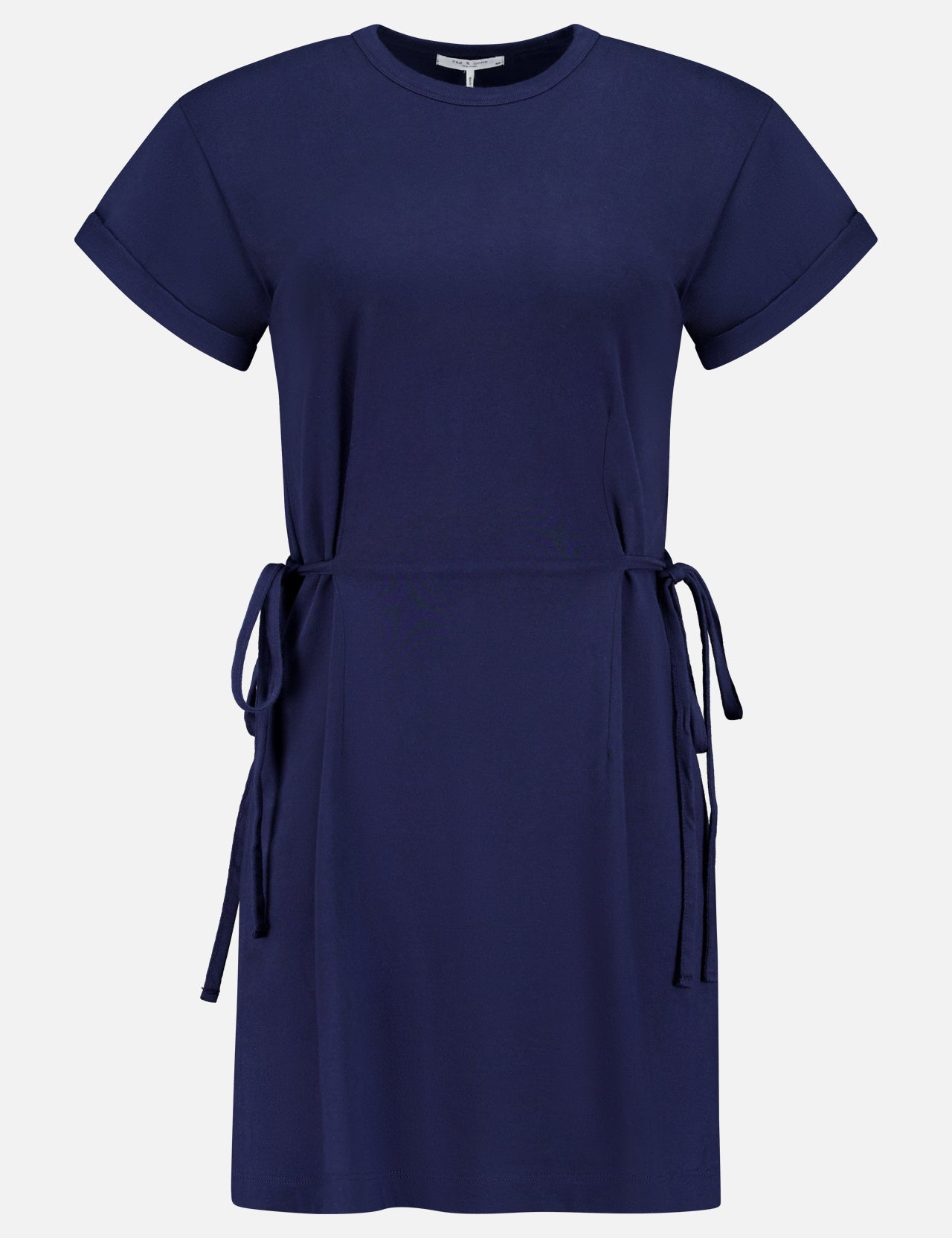 The RAG & BONE Mica Tie Tee Dress is a short-sleeved, knee-length navy cotton dress with a round neckline and adjustable side waist ties, shown on a plain white background.