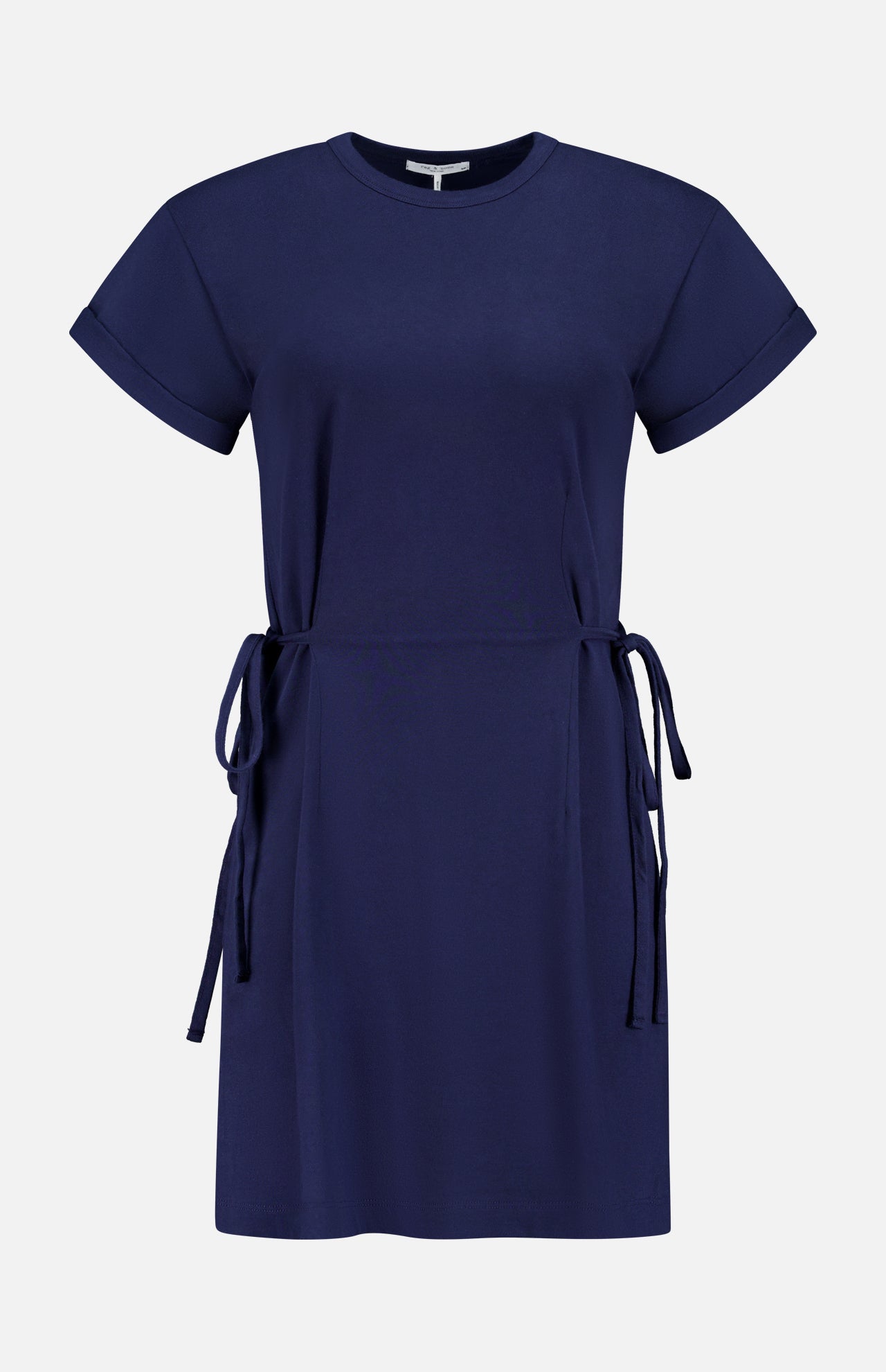 The RAG & BONE Mica Tie Tee Dress is a short-sleeved, knee-length navy cotton dress with a round neckline and adjustable side waist ties, shown on a plain white background.