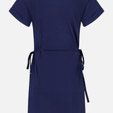 The RAG & BONE Mica Tie Tee Dress is a navy, short-sleeve, knee-length dress with a round neckline and adjustable waist tie straps, shown from the back.