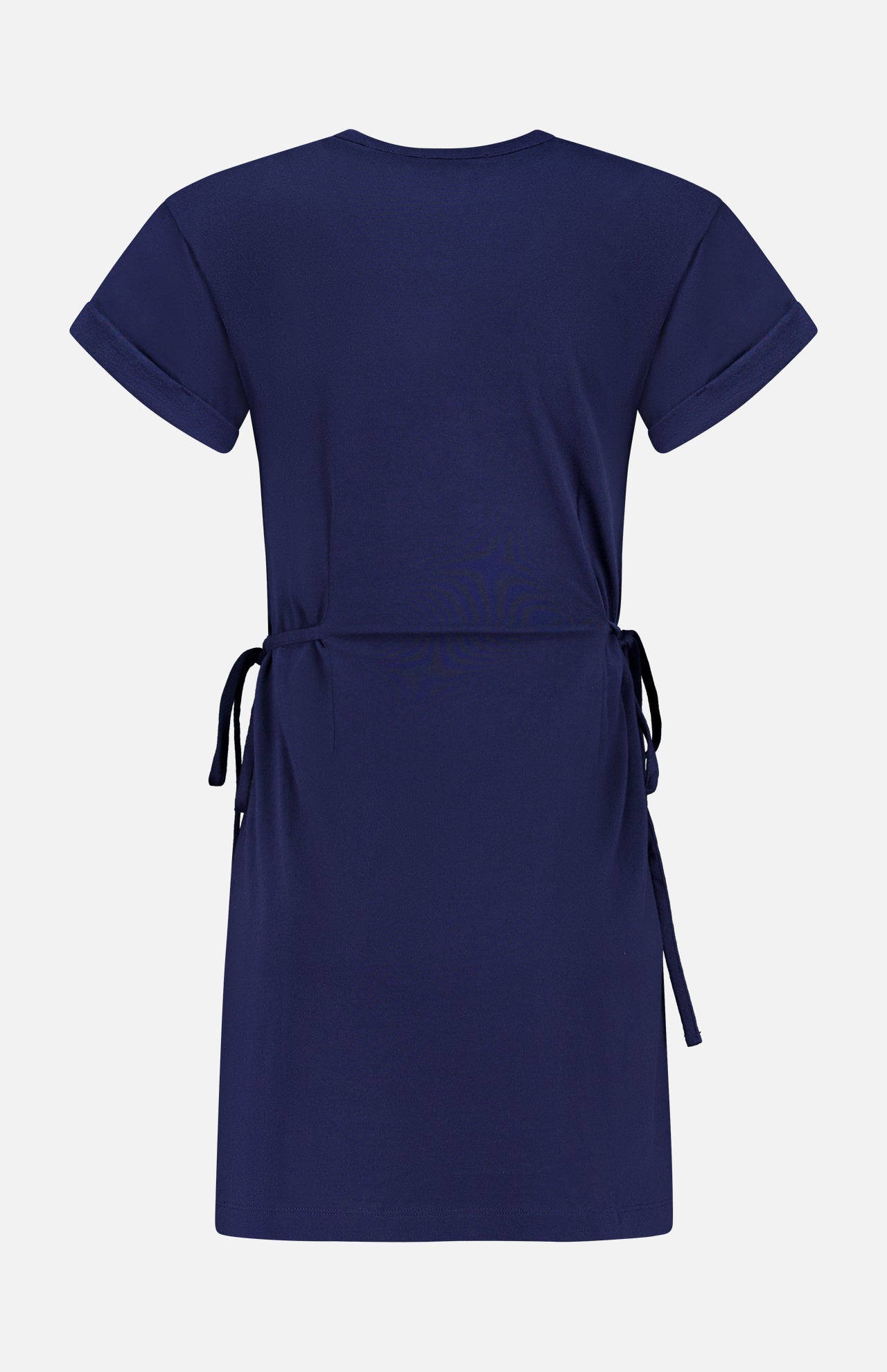 The RAG & BONE Mica Tie Tee Dress is a navy, short-sleeve, knee-length dress with a round neckline and adjustable waist tie straps, shown from the back.