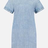 The RAG & BONE Miramar Kelly Jersey T-Shirt Dress is a light blue denim mini with short sleeves, round neck, faded wash, and darker trim at the sleeves, collar, and hem. Features a straight silhouette for effortless style.