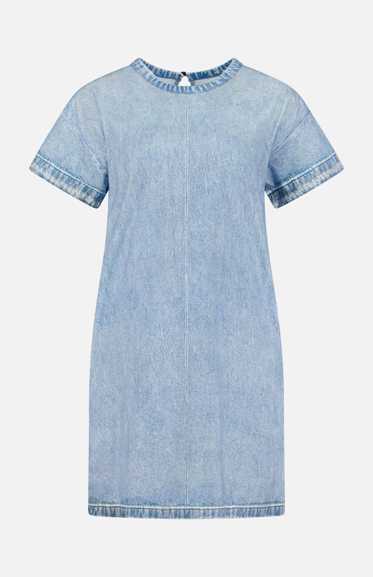The RAG & BONE Miramar Kelly Jersey T-Shirt Dress is a light blue denim mini with short sleeves, round neck, faded wash, and darker trim at the sleeves, collar, and hem. Features a straight silhouette for effortless style.