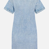 Back view of the RAG & BONE Miramar Kelly Jersey T-Shirt Dress in light blue denim with faded wash, round neckline, keyhole button at the neck, cuffed sleeves, visible stitching, and a relaxed mini fit.