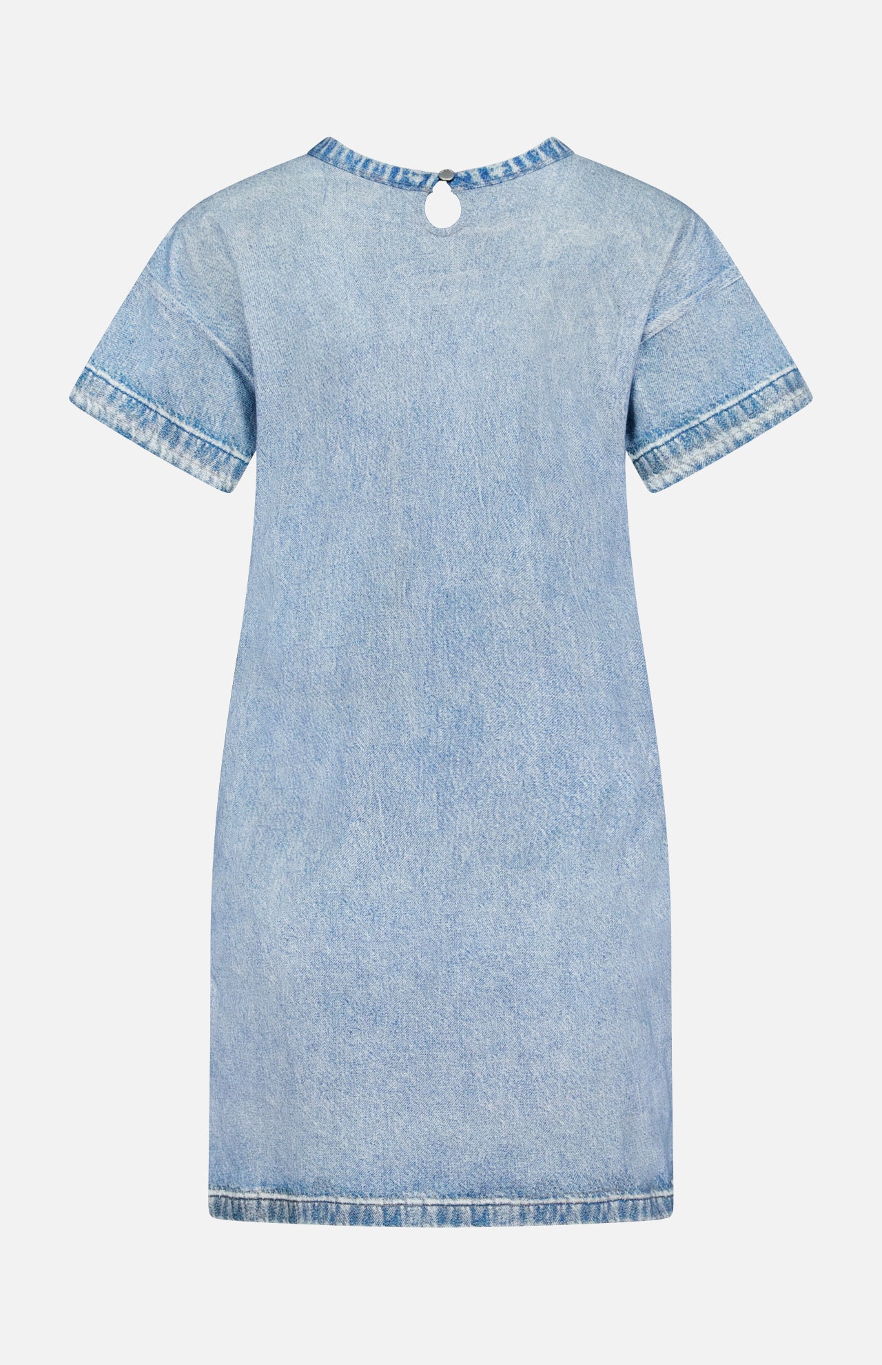 Back view of the RAG & BONE Miramar Kelly Jersey T-Shirt Dress in light blue denim with faded wash, round neckline, keyhole button at the neck, cuffed sleeves, visible stitching, and a relaxed mini fit.