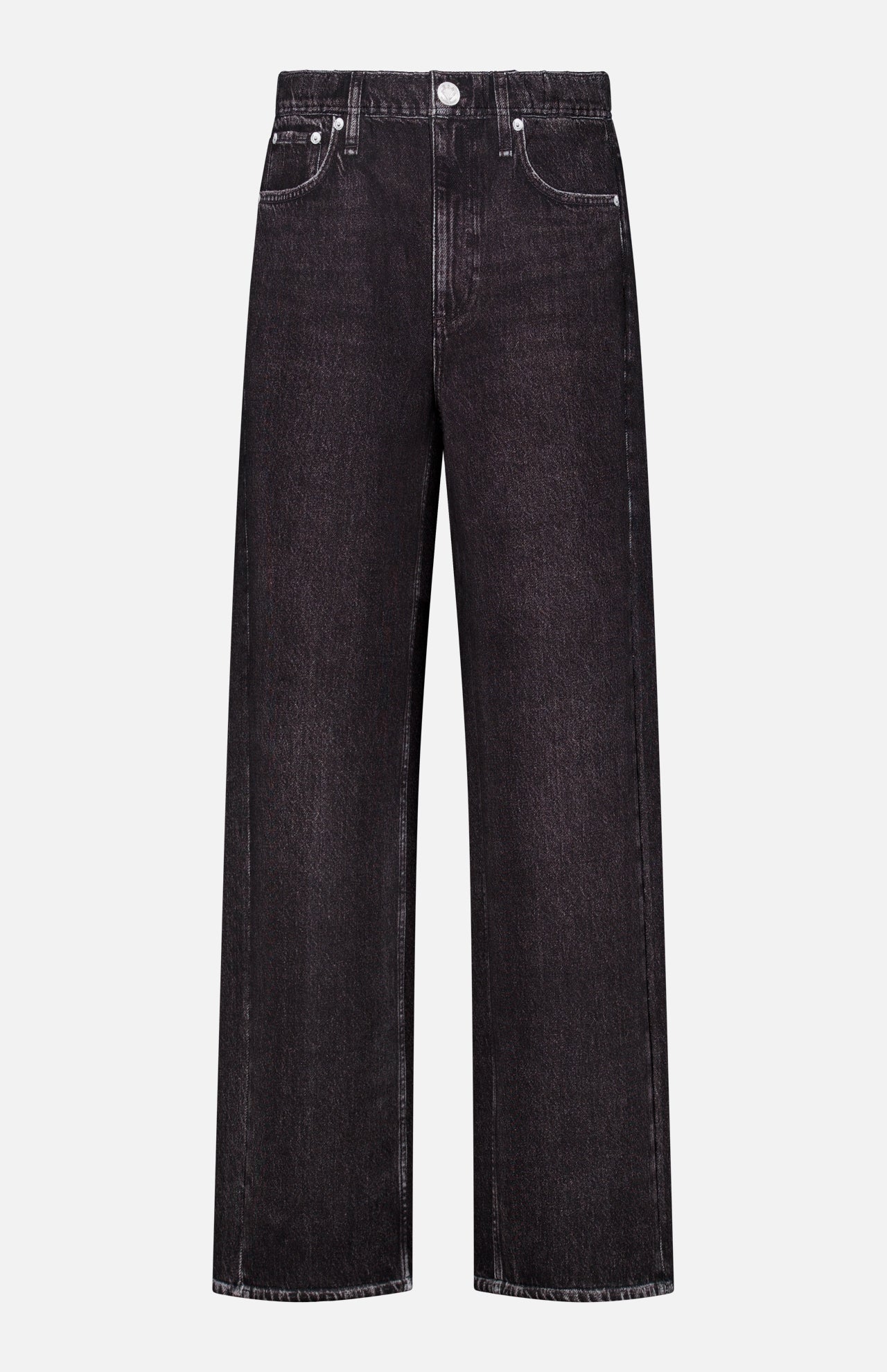 The Miramar Mallow Wide Leg Pull On Pant in Belmont by RAG & BONE features a high-waisted, wide-leg black silhouette with white stitching, front and back pockets, and a button closure against a white background.