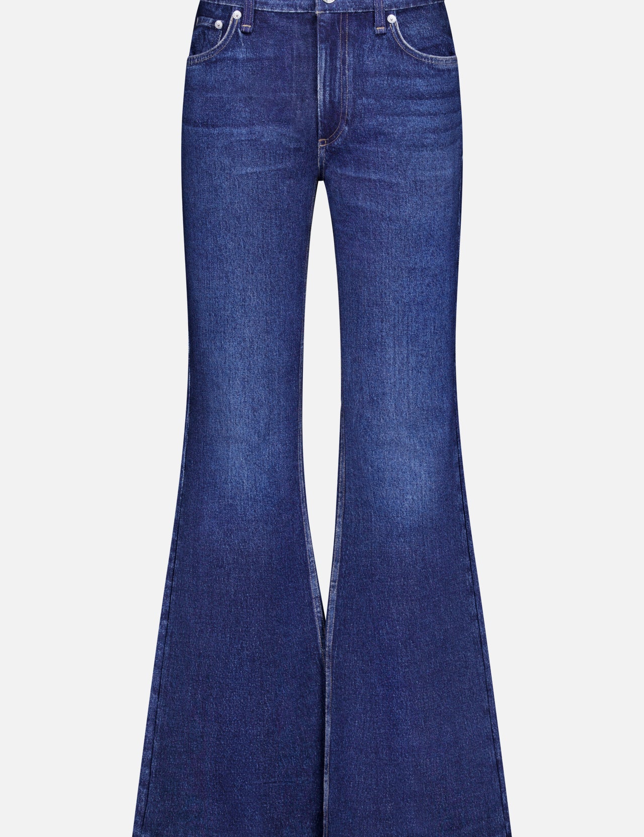 The Miramar Ponte Dahlia Flare Jean in Nolita by RAG & BONE features a flared leg and high waist, with front button and zipper closure, plus both front and back pockets, shown against a white background.
