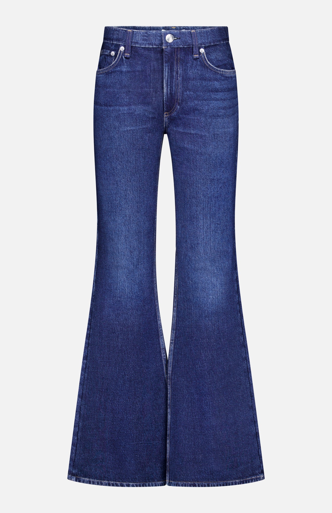 The Miramar Ponte Dahlia Flare Jean in Nolita by RAG & BONE features a flared leg and high waist, with front button and zipper closure, plus both front and back pockets, shown against a white background.